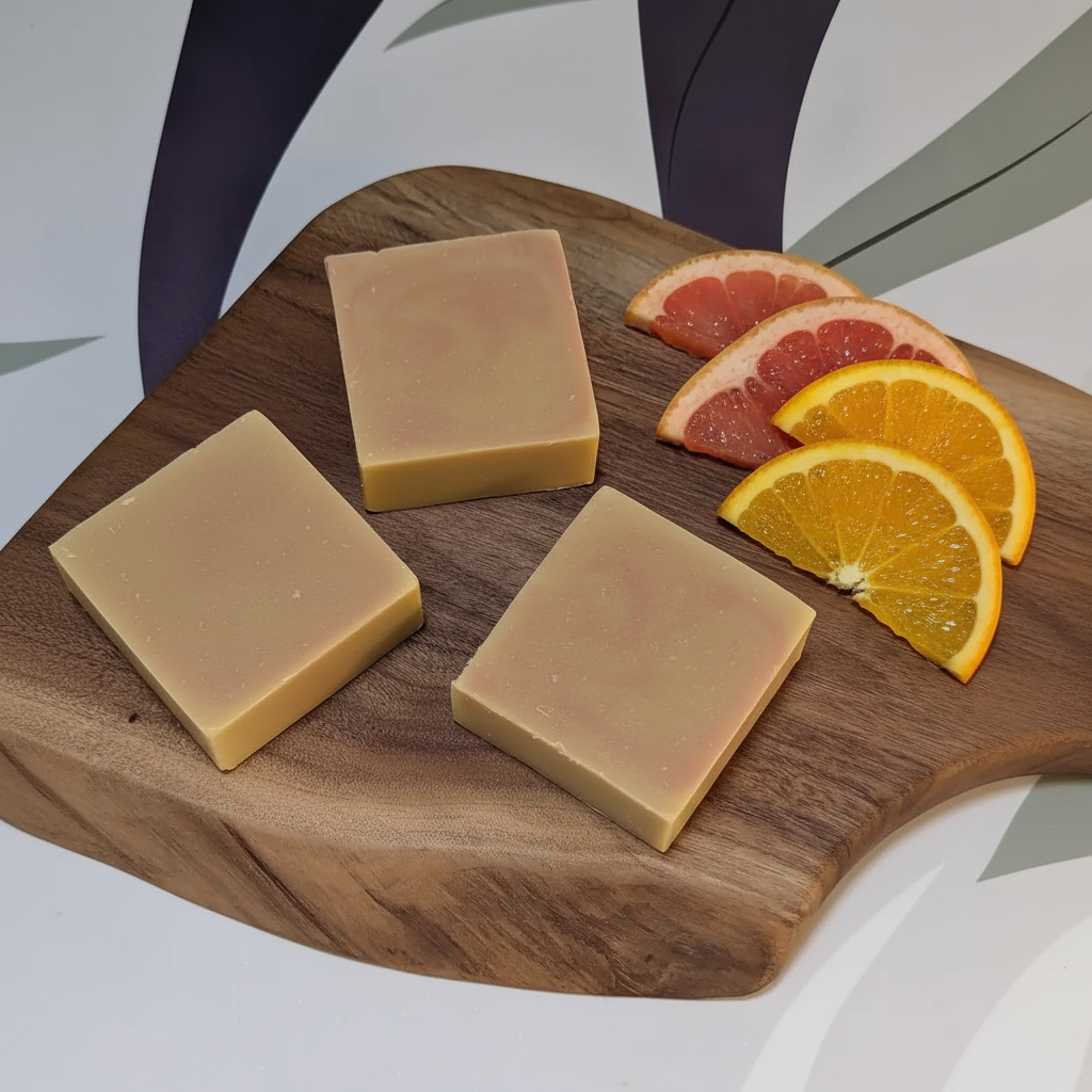 Three bars of handmade coconut milk sunrise cold process soap with grapefruit and orange on a wooden bath tray