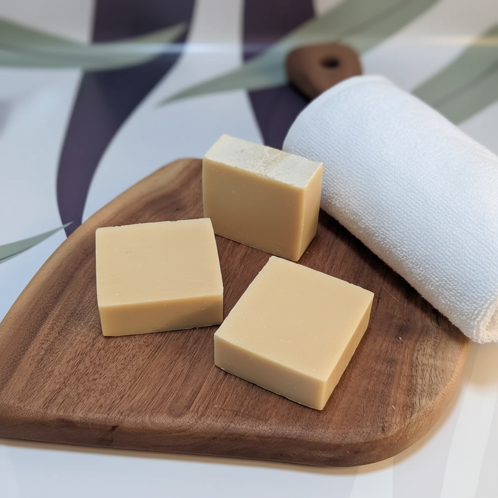 Three bars of handmade unscented goat's milk cold process soap on a wooden bath tray with a soft white towel